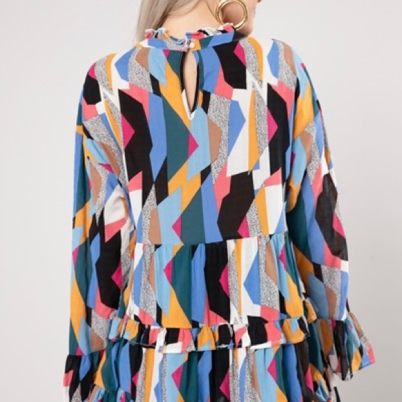 NWT Jodifl Colorblock Ruffled Long Sleeve Tunic Top Blouse Shirt Blue Black Red - Picture 7 of 7